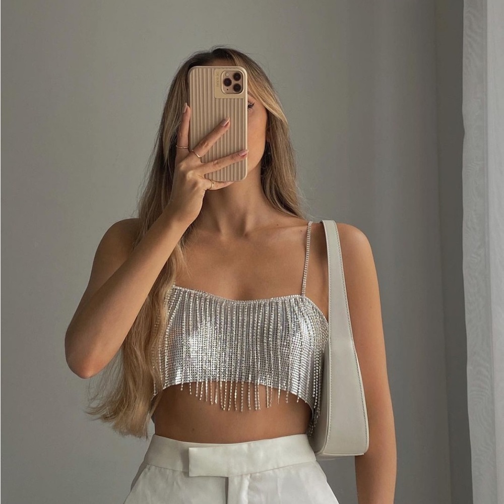 NWT Zara Rhinestone Fringe Crop Top